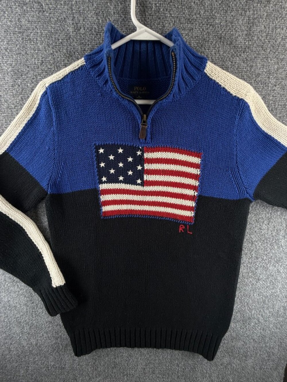 Polo Ralph Lauren Boys Pullover 1/4 Zip Flag Sweater XL 18-20 Cotton Wool Blend